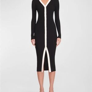 STAUD Black Ribbed Long-Sleeve Midi Dress with Cream Trim